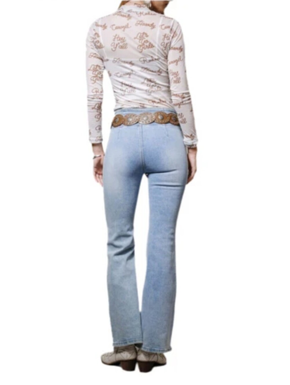 Western Mockneck Sheer Cream Graphic Long-Sleeve Top Rodeo Howdy Script Large - Picture 6 of 11
